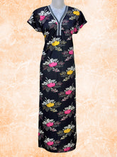 Daily wear printed satin gowns in Black Floral