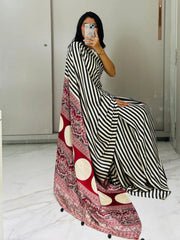 Ajarakh printed gaji silk saree strips pattern