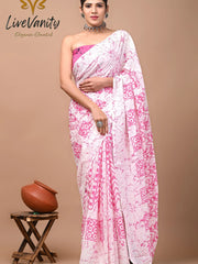 Pure Jaipuri cotton saree Block Print in Pink and White