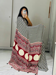 Ajarakh printed gaji silk saree strips pattern