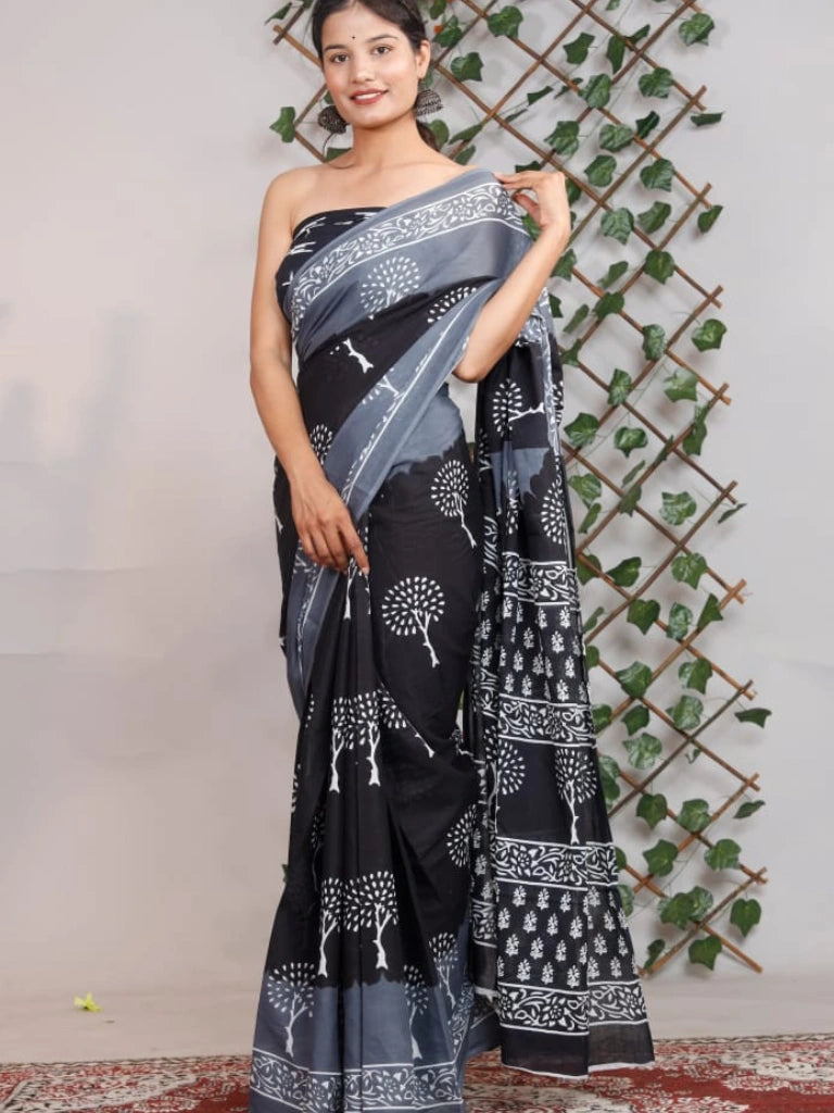 Pure Jaipuri cotton saree Block Print in Black
