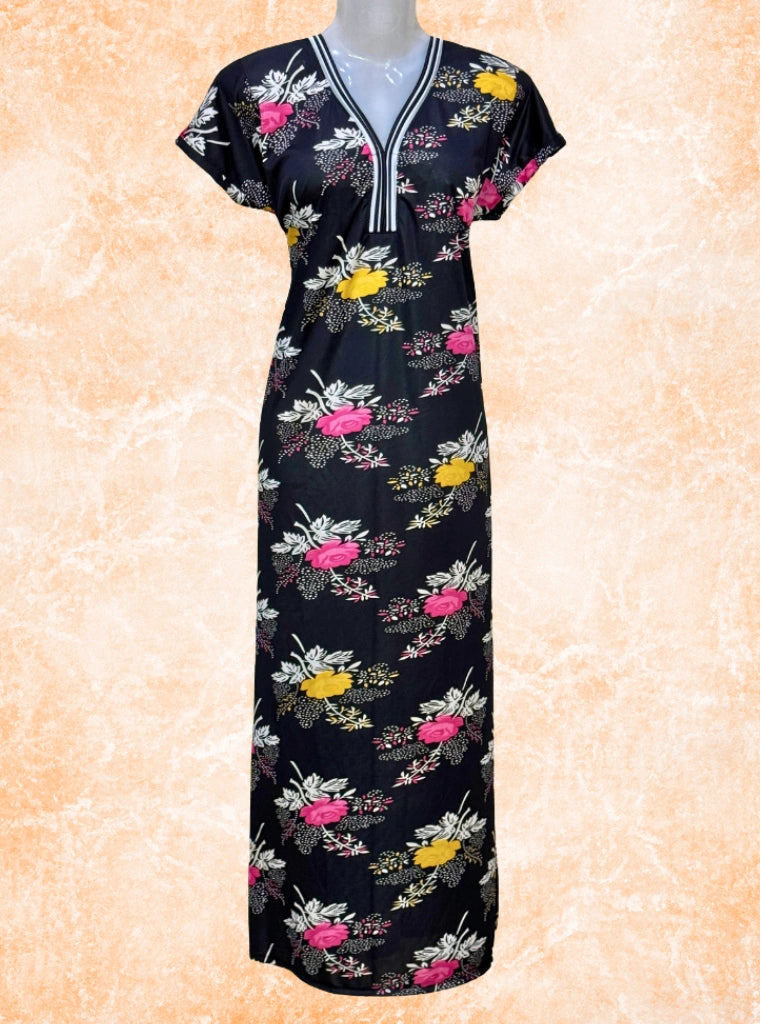 Daily wear printed satin gowns in Black Floral