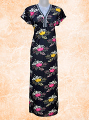 Daily wear printed satin gowns in Black Floral