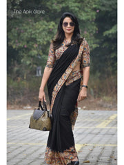 Ajarakh printed Chanderi cotton black saree