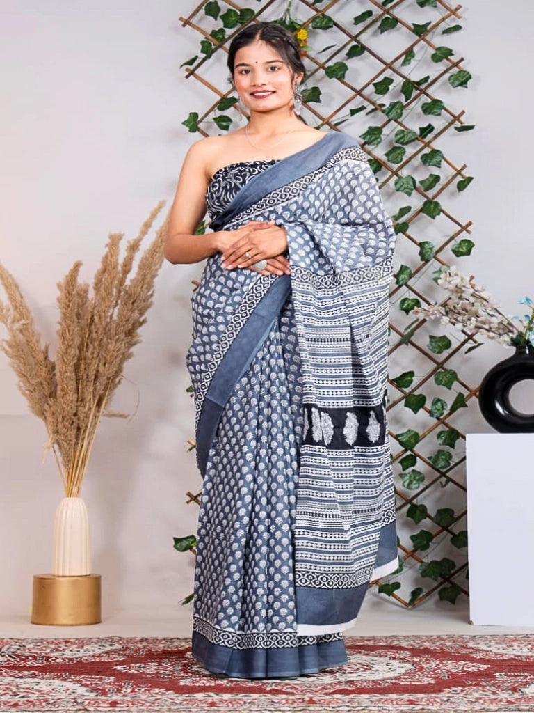 Pure Jaipuri Cotton sarees in Gray and White