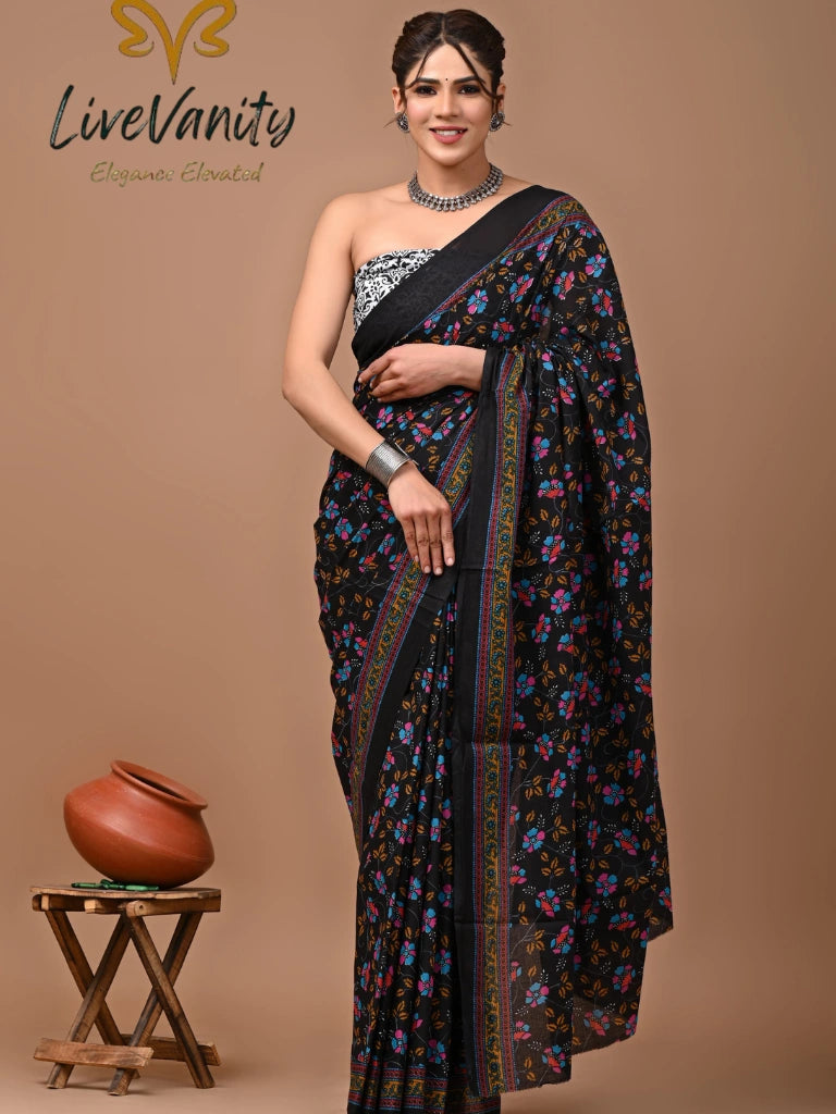 Pure Jaipuri Cotton Sarees Black Special in Floral