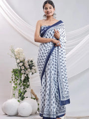 Pure Jaipuri cotton Block Printed sarees in White and Blue