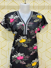 Daily wear printed satin gowns in Black Floral
