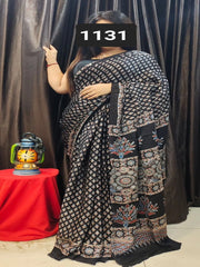 Ajarakh Printed Cotton Muslin sarees in Black with Red and Blue details