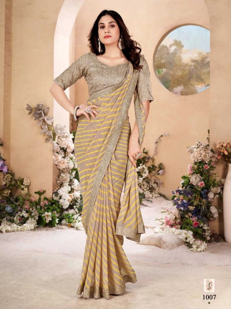 Leheriya saree with work blouse piece in Light brown