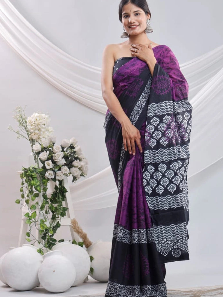 Pure Jaipuri Cotton Sarees Black Special in Violet