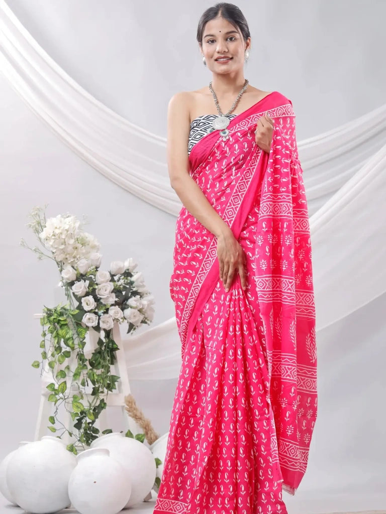 Pure Jaipuri cotton Block Printed sarees in Pink and White