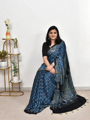 Ajarakh Printed Cotton Muslin sarees in Blue