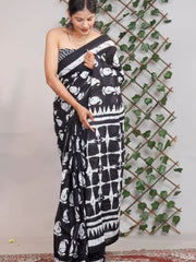 Pure Jaipuri Cotton Sarees Black Special with White Kuyari
