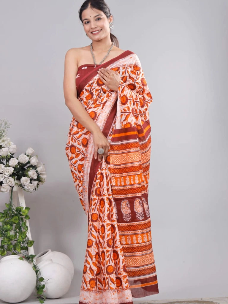 Pure Jaipuri cotton Block Printed sarees in Brown and Orange