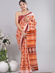 Pure Jaipuri cotton Block Printed sarees in Brown and Orange