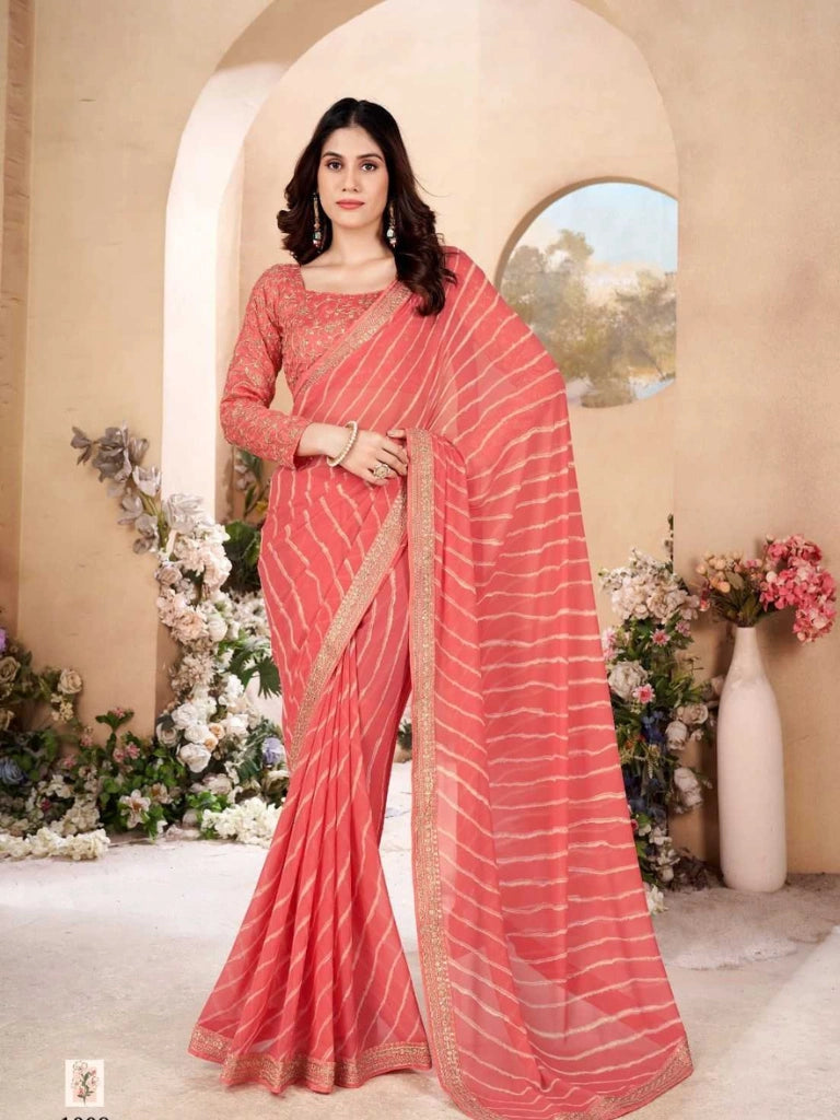 Leheriya saree with work blouse piece in Peach