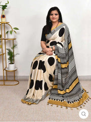 Black and white Gaji Silk Saree with off White Polka dots