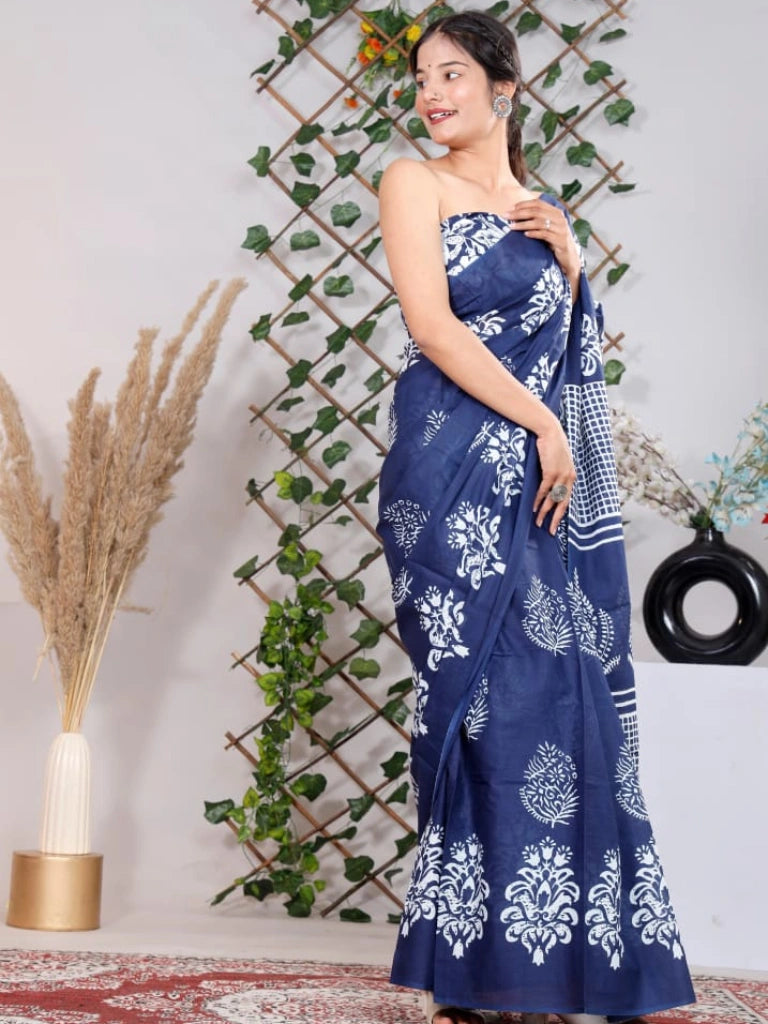 Pure Jaipuri Cotton sarees Indigo color with Tree