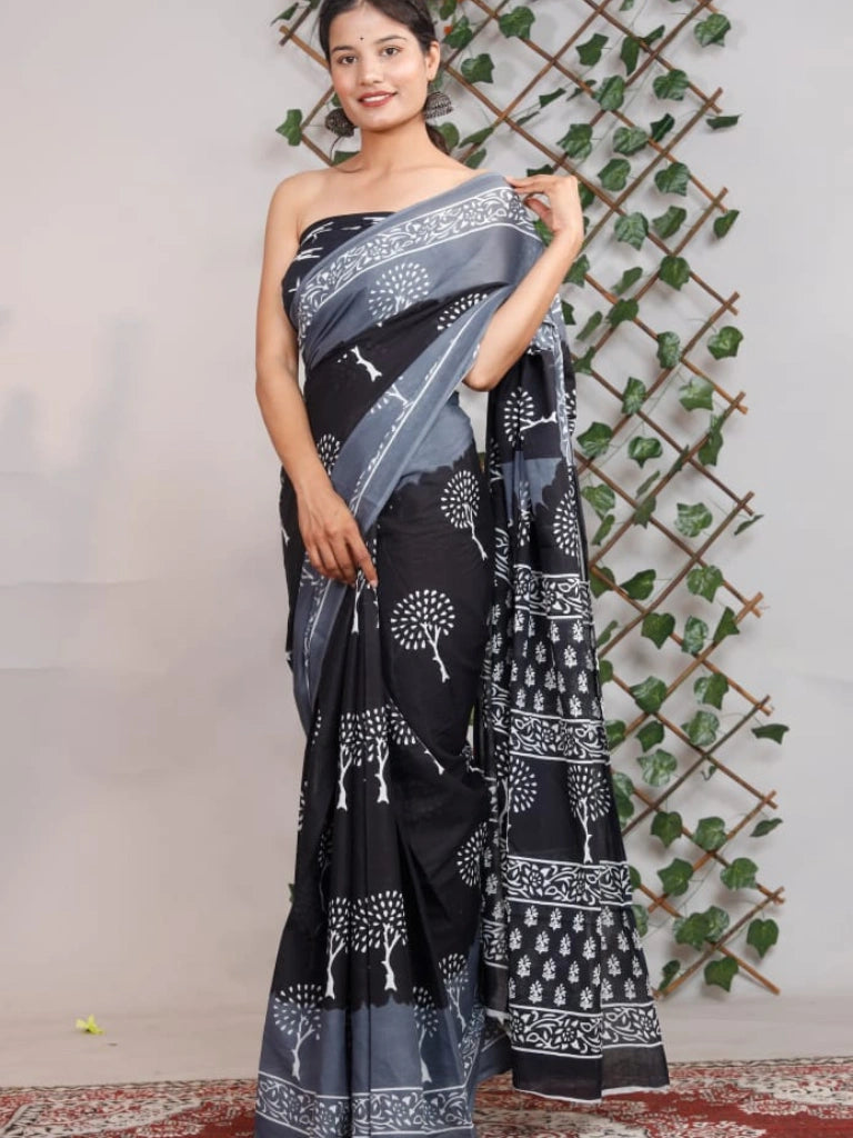 Pure Jaipuri Cotton Sarees Black Special with  White Tree