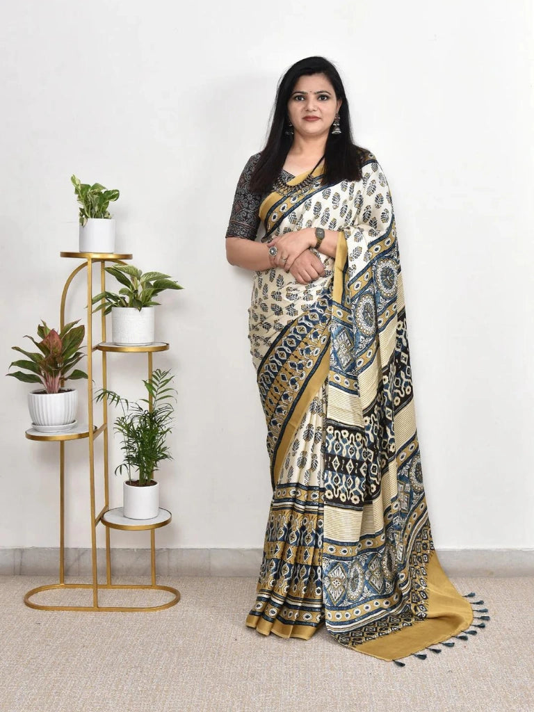 Ajarakh Printed Cotton Muslin sarees in White