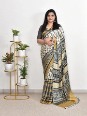 Ajarakh Printed Cotton Muslin sarees in White