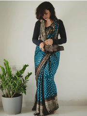 Ajarakh Printed Cotton Muslin sarees in Blue Dotted