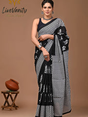 Pure Jaipuri Cotton Sarees Black Special with White waves