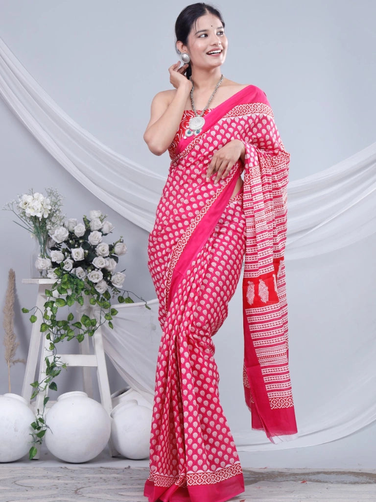 Pure Jaipuri cotton Block Printed sarees in Pink
