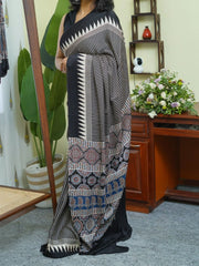 Ajarakh Printed Cotton Muslin sarees in Black and White
