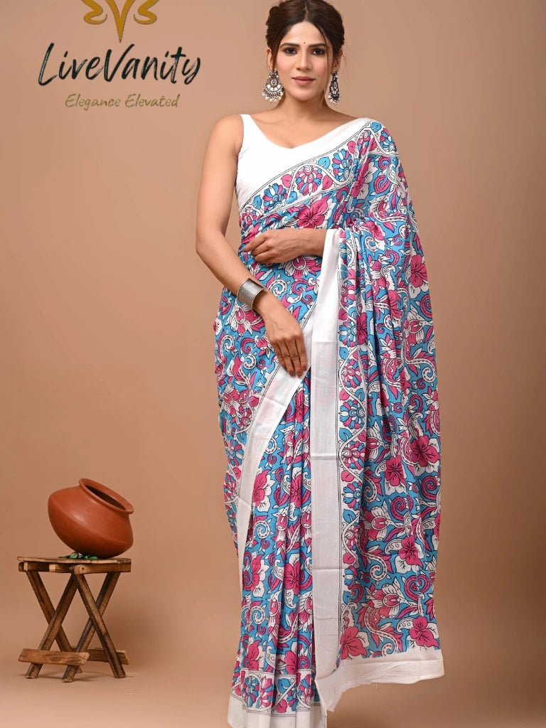 Pure Jaipuri cotton saree Block Print in Floral Multi Colored