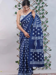 Pure Jaipuri Cotton sarees Indigo with  Leaves