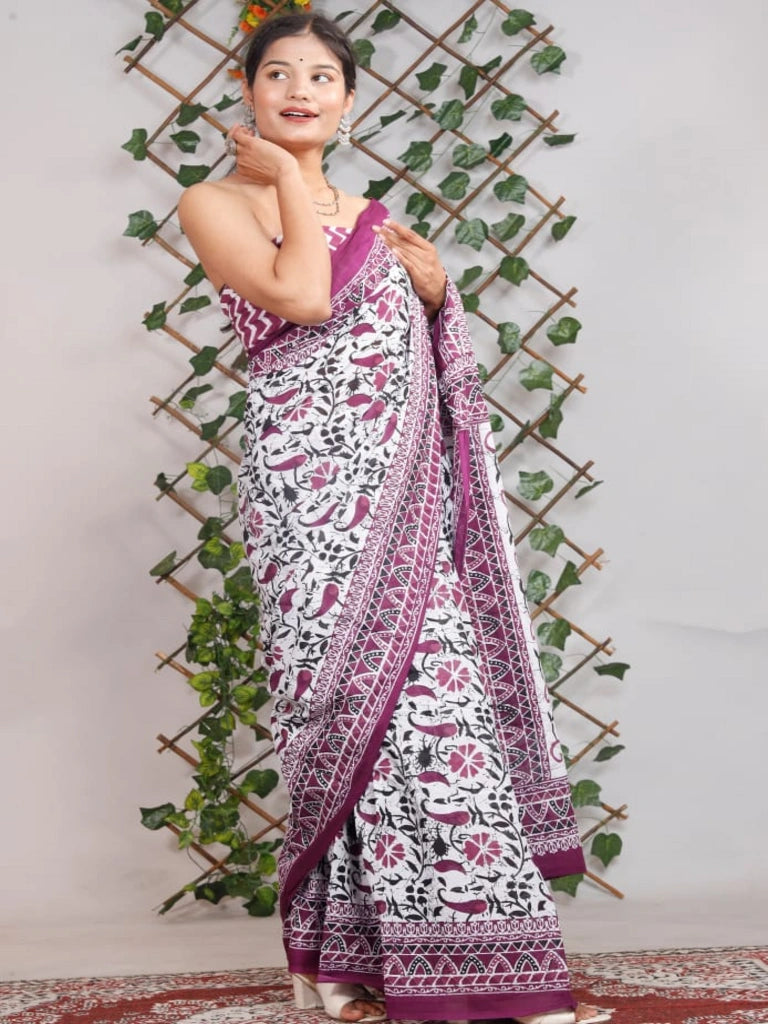 Pure Jaipuri cotton saree Block Print in Purple and White Floral