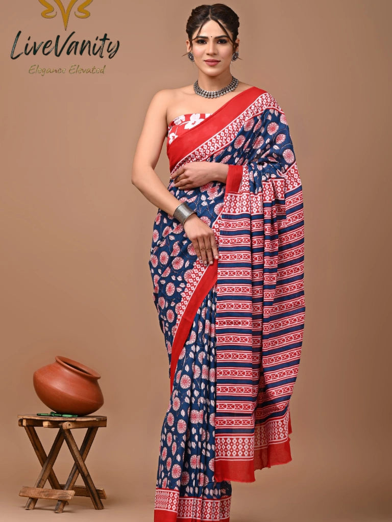 Pure Jaipuri cotton saree Block Print in Blue
