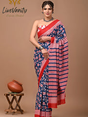 Pure Jaipuri cotton saree Block Print in Blue