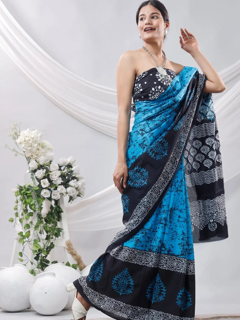 Pure Jaipuri Cotton Sarees Black Special in Blue and Black