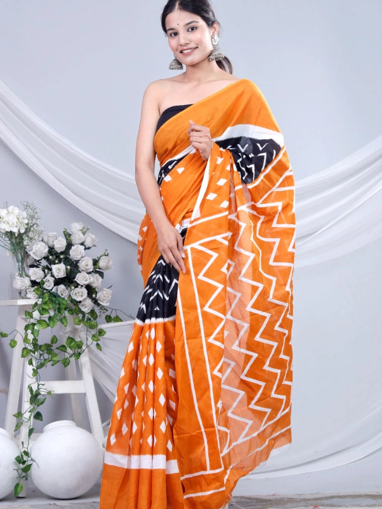 Pure Jaipuri cotton Block Printed sarees in Blue and Orange