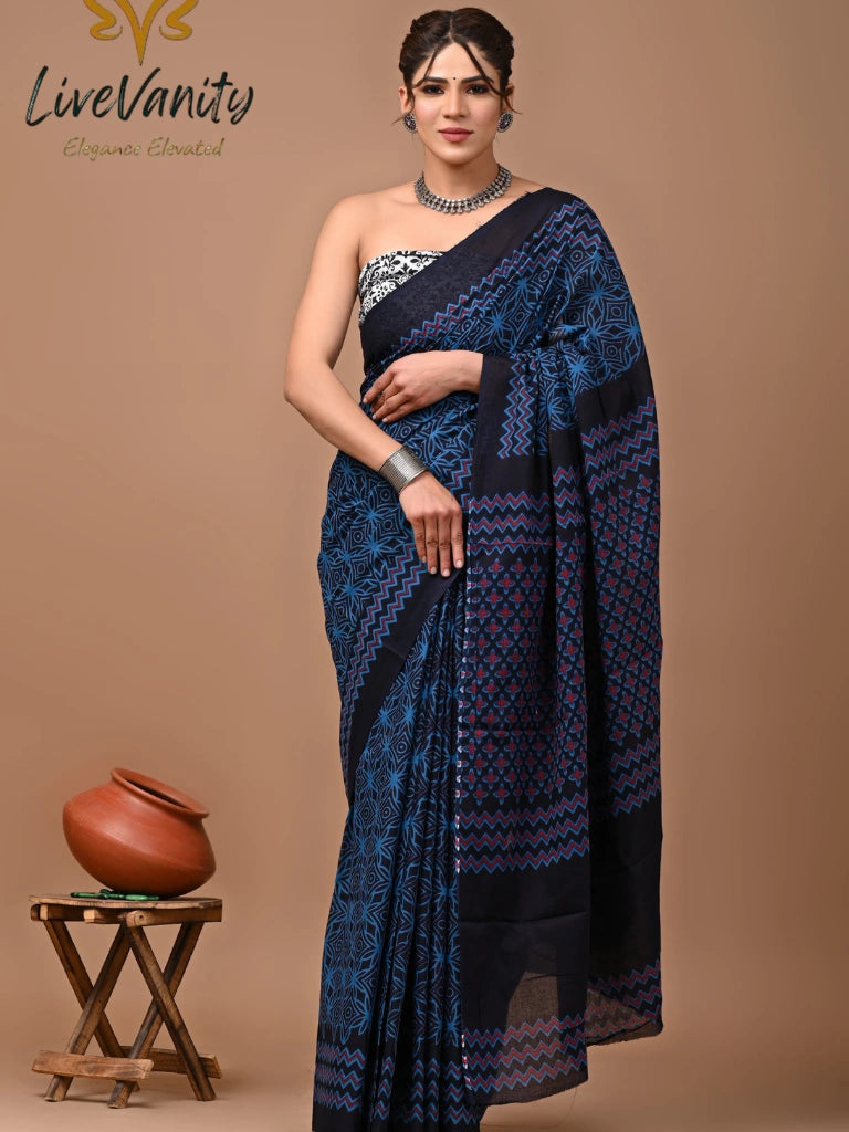 Pure Jaipuri cotton saree Block Print in Dark Blue