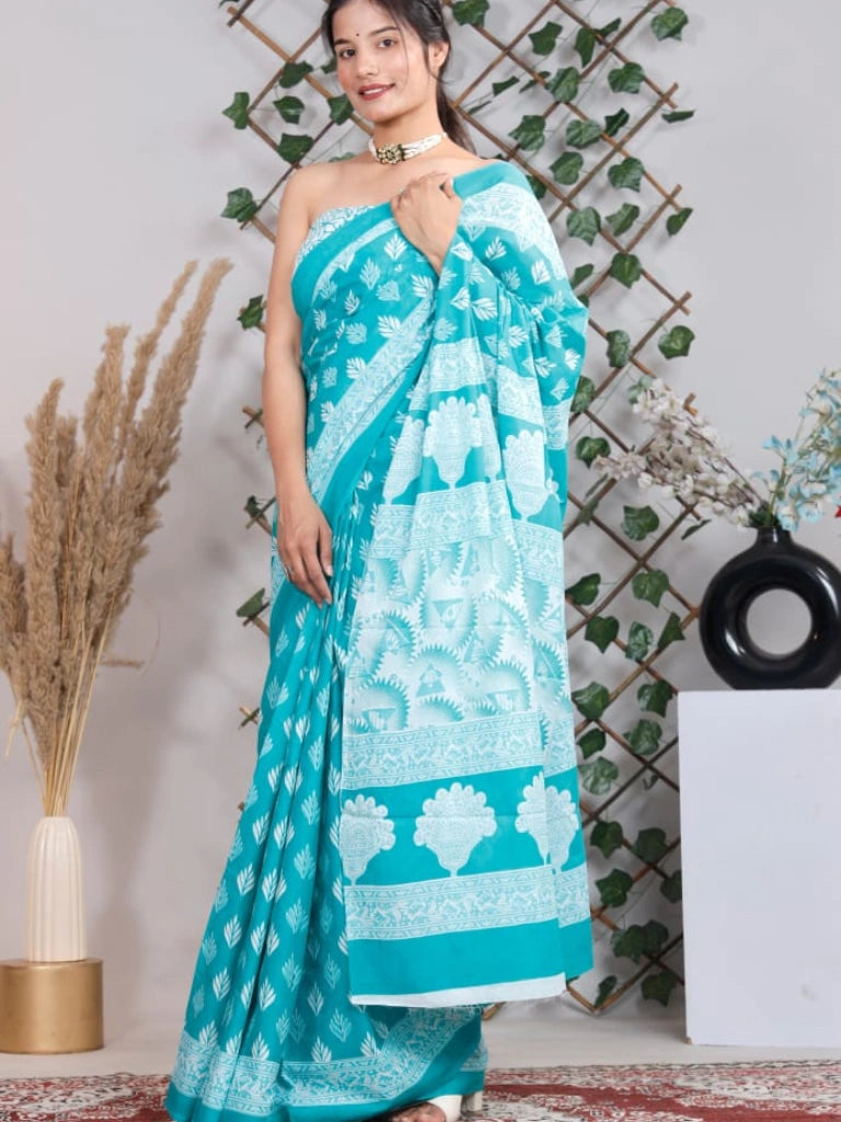 Pure Jaipuri cotton Block Printed sarees in Sky Blue and White