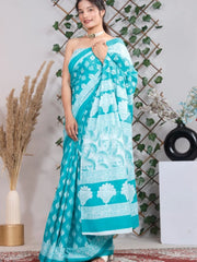 Pure Jaipuri cotton Block Printed sarees in Sky Blue and White